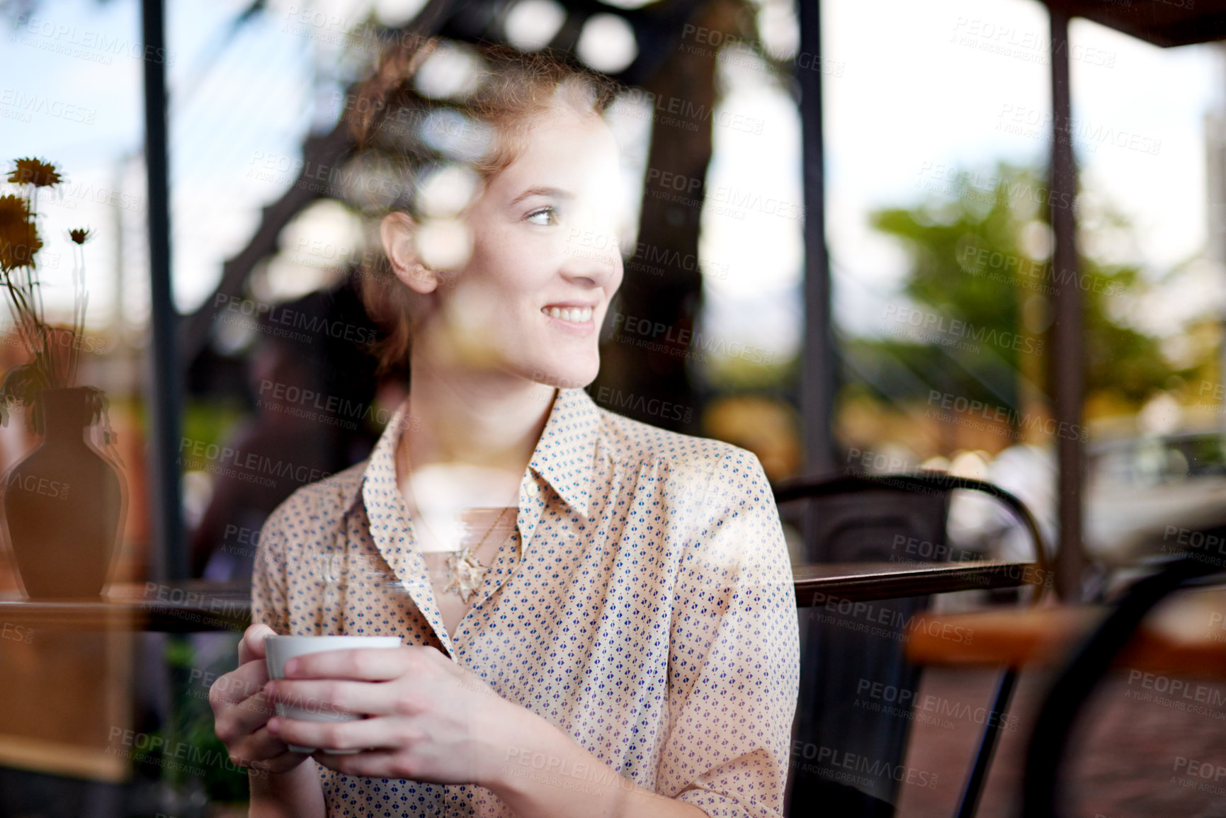 Buy stock photo Happy woman, customer and window with cup at cafe for morning beverage, vision or dream at indoor restaurant. Female person, smile and thinking with mug for caffeine or warm drink at coffee shop
