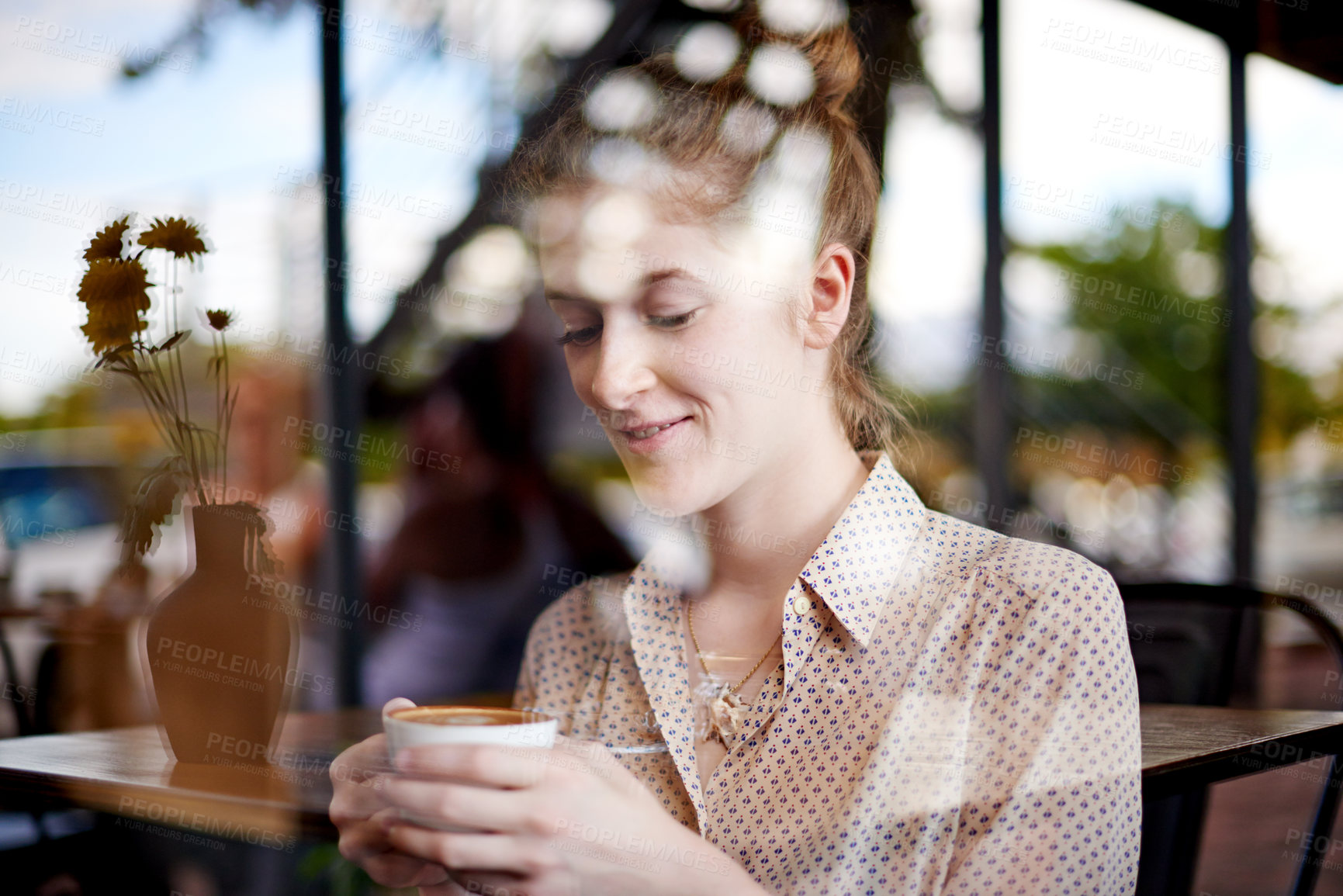 Buy stock photo Coffee, thinking and woman by cafe window with smile in morning with creative digital nomad career. Planning, ideas and female freelance copywriter drinking cappuccino with project at restaurant.