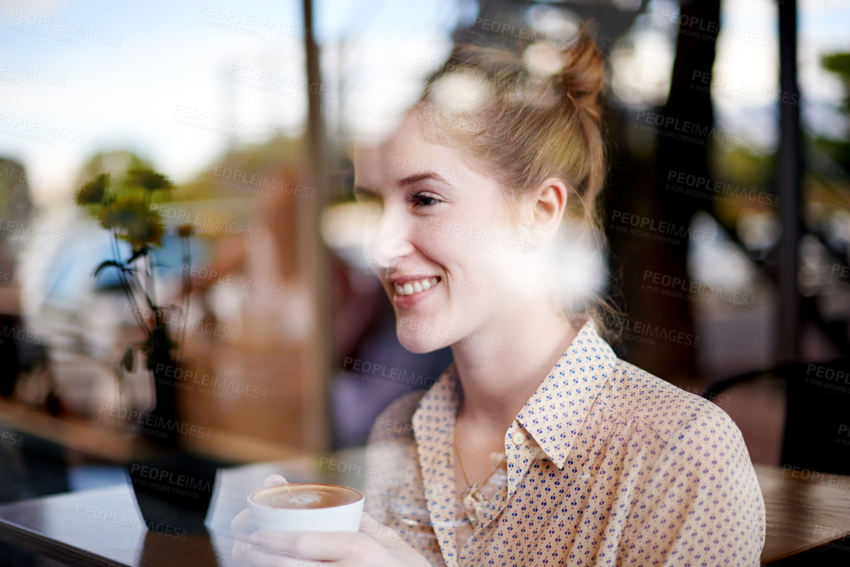 Buy stock photo Coffee, happy and woman by cafe window for thought in morning with creative digital nomad career. Planning, thinking and freelance copywriter drink cappuccino with literature project at restaurant.