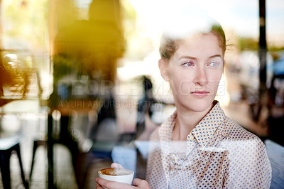 Buy stock photo Thinking, window and woman in cafe, calm and relax with drink in morning, reflection and consumer. Glass, customer and person with tea for breakfast, enjoy and warm beverage for break in coffee shop