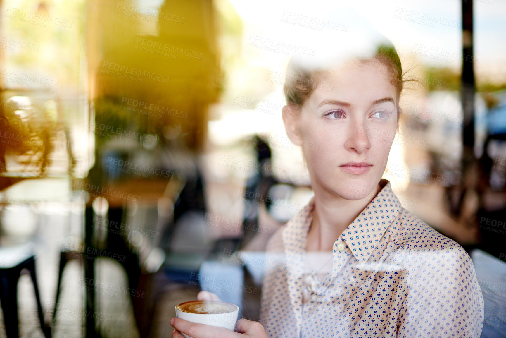 Buy stock photo Thinking, window and woman in cafe, calm and relax with drink in morning, reflection and consumer. Glass, customer and person with tea for breakfast, enjoy and warm beverage for break in coffee shop