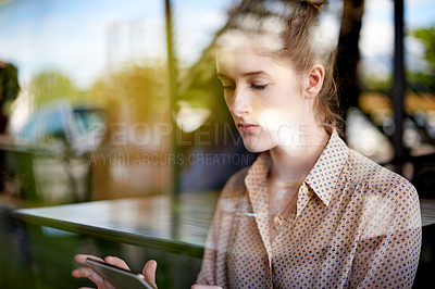 Buy stock photo Coffee shop, tablet and window with woman customer in cafe for online planning or research. Business, glass and remote work with freelance employee in restaurant for communication or social media