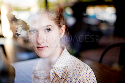 Buy stock photo Relax, portrait and woman in coffee shop, window and waiting for order in store, calm and customer. Confident, retail and person in cafe for breakfast in morning, consumer and tea break for employee