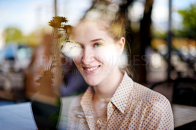 Buy stock photo Portrait, smile and window with woman in coffee shop for hospitality, relax or service as customer. Morning, glass and wellness with happy person in cafe or restaurant for weekend break or time off