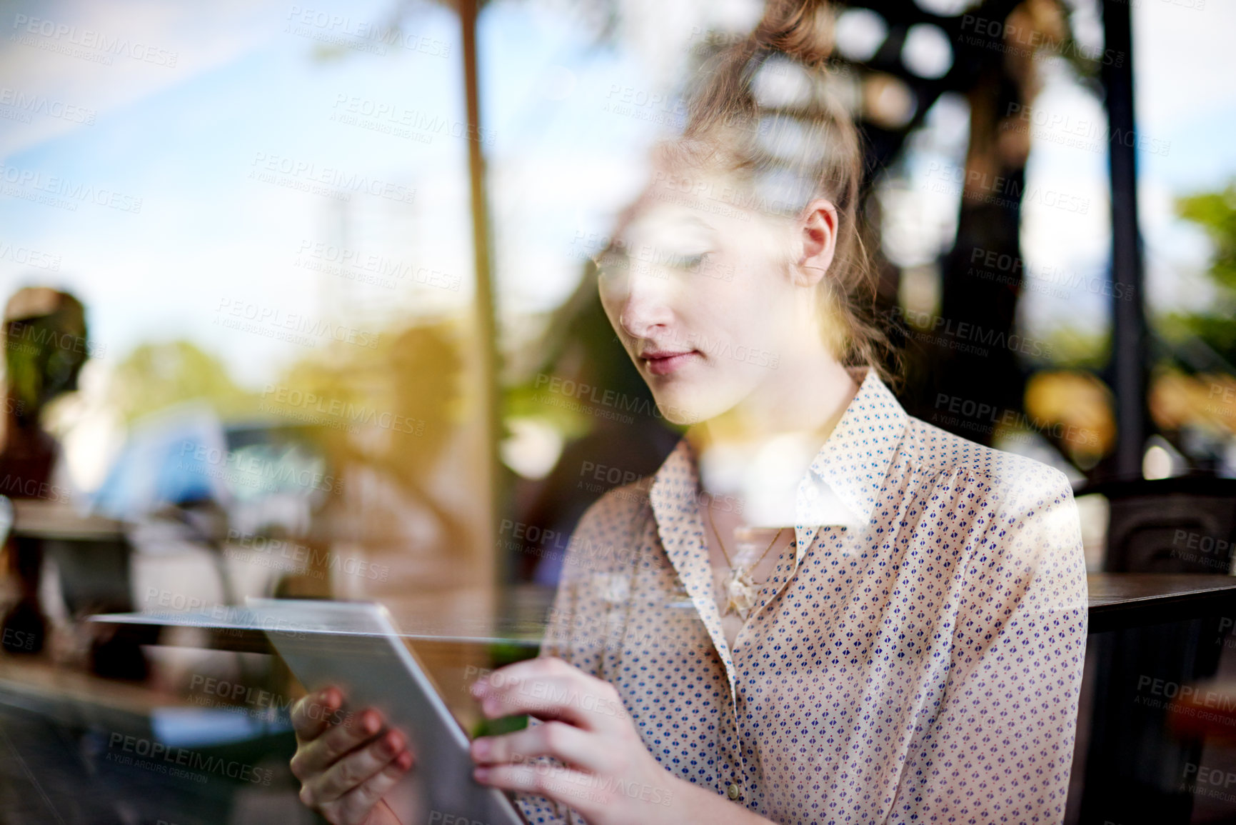 Buy stock photo Tablet, online and woman in cafe for remote work, reading email or editing news for politics. Coffee shop, freelancer and journalist on digital technology for story, article or check report by window