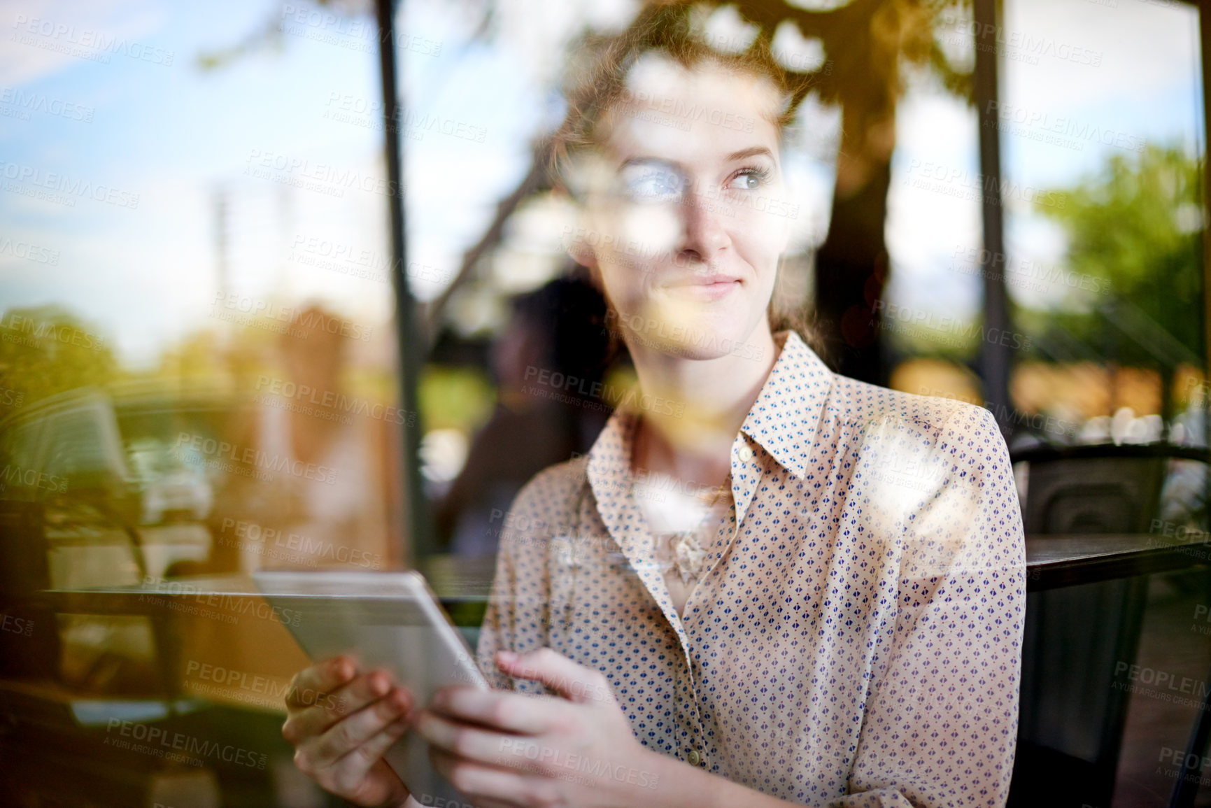 Buy stock photo Happy woman, thinking and customer with tablet at cafe for online menu, choice or decision at coffee shop. Female person, shopper or wonder with technology by window for service rating at restaurant