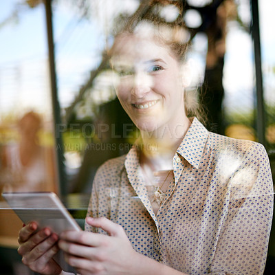 Buy stock photo Happy woman, portrait and customer with tablet at coffee shop for online menu, UI or UX. Female person, shopper or smile with technology by window for user friendly service at restaurant or cafe