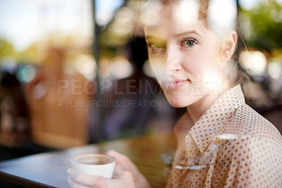 Buy stock photo Portrait, window and woman with coffee, cafe and relax with drink in morning, reflection and consumer. Glass, customer and person with tea for breakfast, enjoying and warm beverage for break in shop