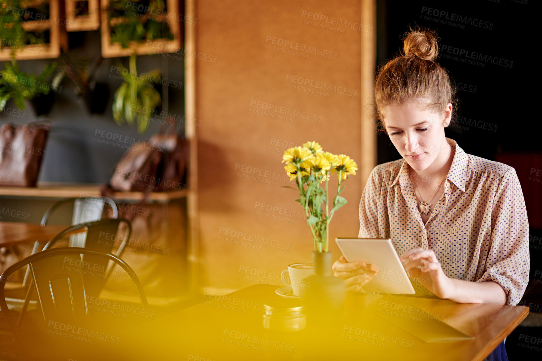 Buy stock photo Tablet, scroll and woman relax in cafe, playing game and reading ebook on app while waiting for date. Coffee shop, girl and digital technology for social media post, check blog and news on internet