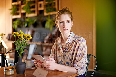 Buy stock photo Tablet, ideas and woman in coffee shop with research for travel tips for digital nomad. Thinking, content creation and female influencer with creative blog for online cafe review on technology.