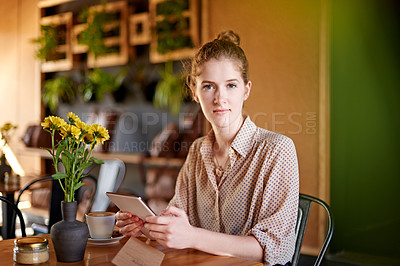 Buy stock photo Tablet, portrait and woman in restaurant with research for travel tips for digital nomad. Idea, content creation and female influencer with creative blog for online coffee shop review on technology.