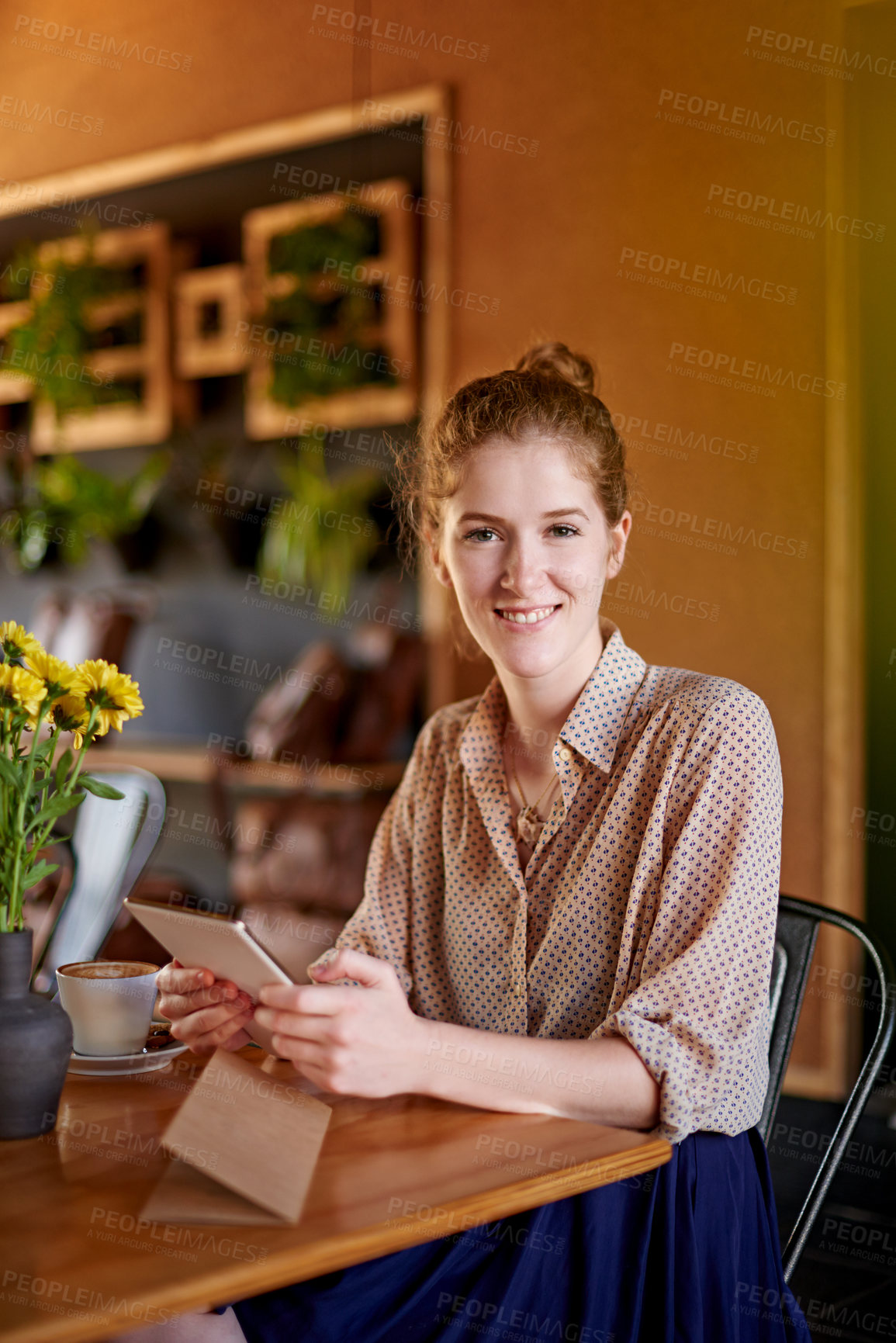 Buy stock photo Tablet, happy and portrait of woman in coffee shop with research for travel tips for digital nomad. Restaurant, content creation and influencer with creative blog for online cafe review on technology