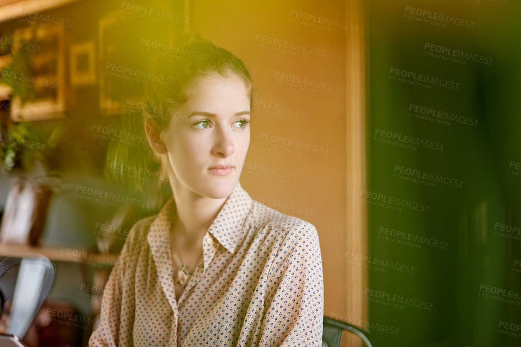 Buy stock photo Coffee shop, remote work and thinking with woman customer in cafe for future, idea or planning. Morning, freelance and inspiration with person in restaurant for problem solving as entrepreneur