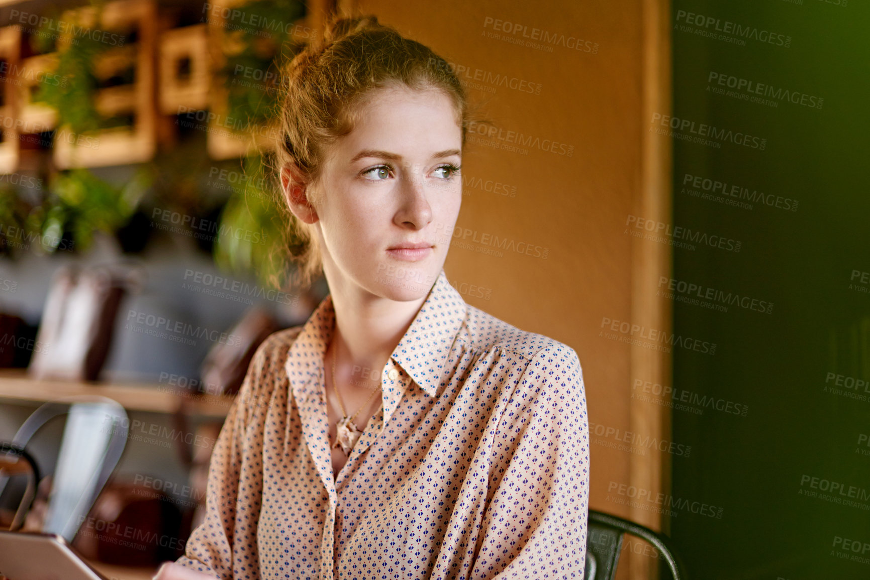 Buy stock photo Planning, remote work and thinking with woman in coffee shop for freelance editing as entrepreneur. Future, idea and vision with customer at internet cafe for online design or research on laptop