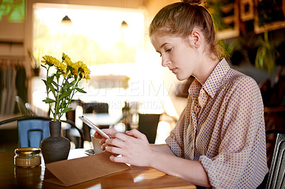 Buy stock photo App, break and phone with woman in coffee shop for communication or remote work as customer. Contact, social media and text message with freelance employee at internet cafe for mobile networking