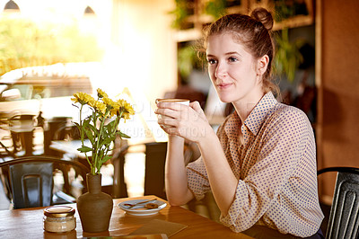 Buy stock photo Thinking, happy and woman in cafe, coffee and start day with espresso, solution and caffeine morning. Person, herbal tea and client in restaurant, latte and ideas with wonder, choice and freelancer