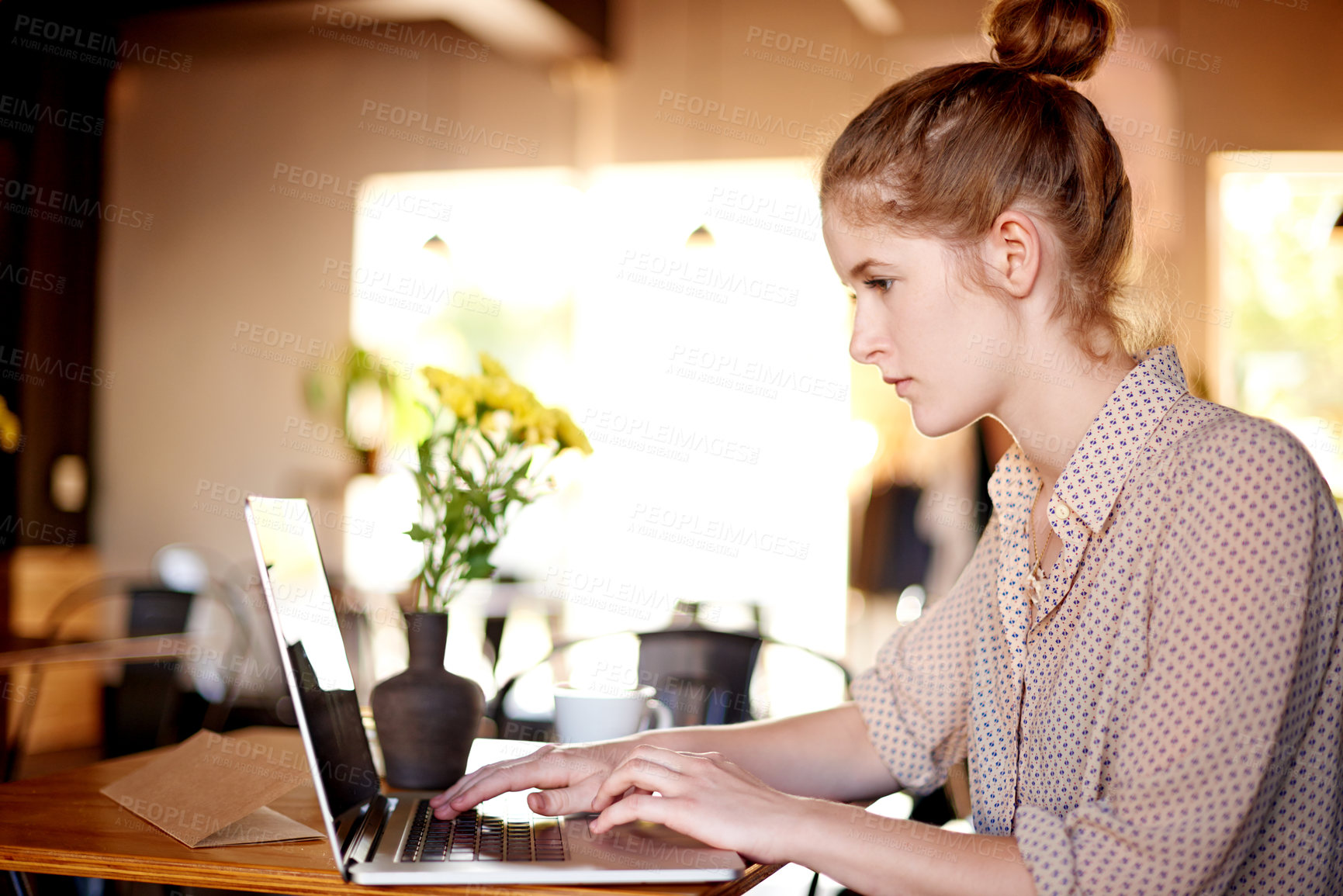 Buy stock photo Laptop, thinking and woman in cafe with remote work, business ideas and social media management. Reading, typing and freelancer girl in coffee shop with content writer, online research or development
