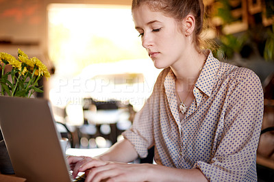 Buy stock photo Laptop, research and woman in cafe with remote work, business ideas and social media management. Email, typing and freelancer girl in coffee shop with content writer, online planning or development