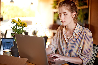 Buy stock photo Laptop, report and woman in cafe with remote work, business ideas and social media management. Reading, typing and freelancer girl in coffee shop with content writer, online research or development
