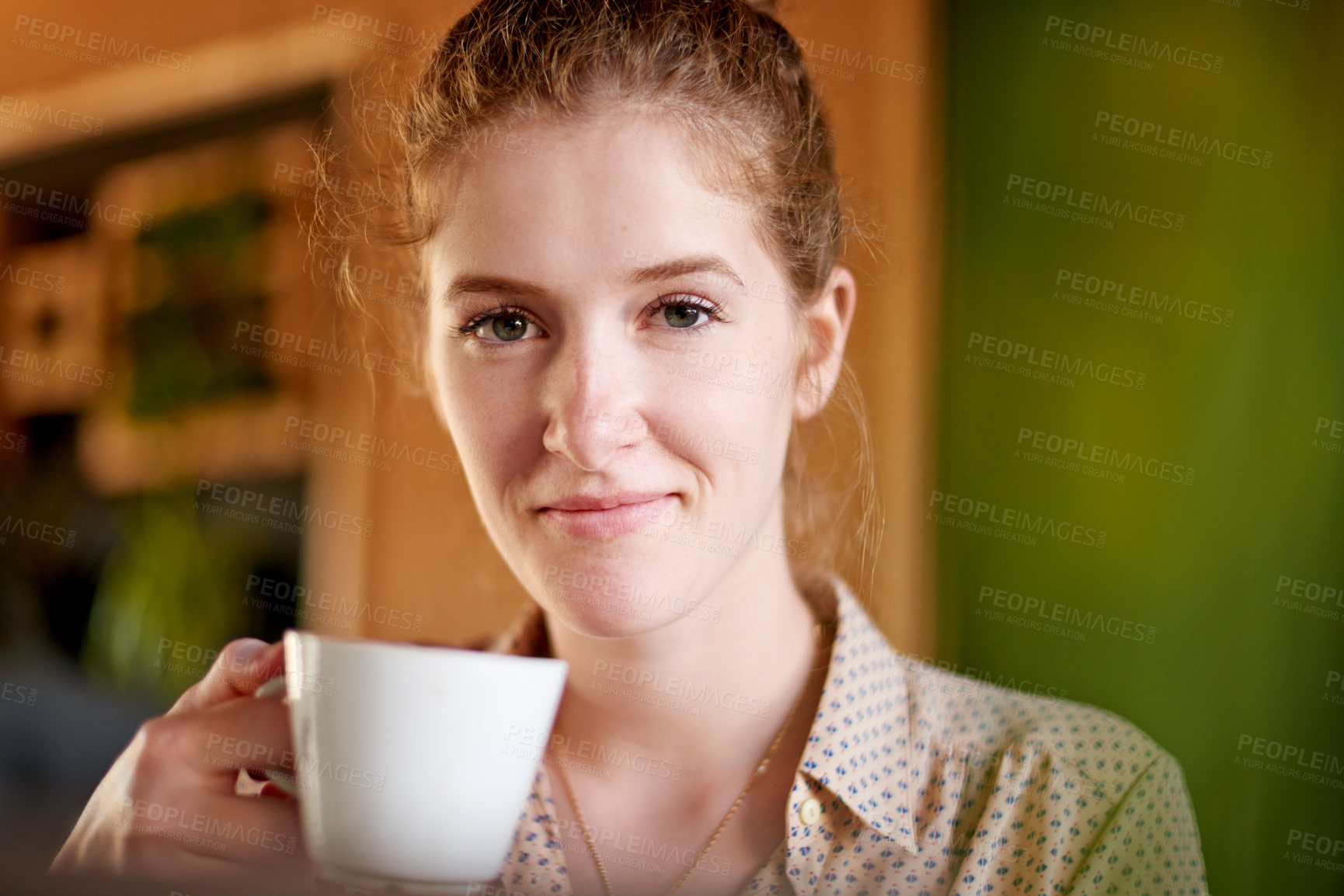 Buy stock photo Portrait, calm and woman in cafe, coffee and relax with comfort, friendly service and break. Face, person and client in restaurant, hospitality and herbal tea with morning, start day and espresso