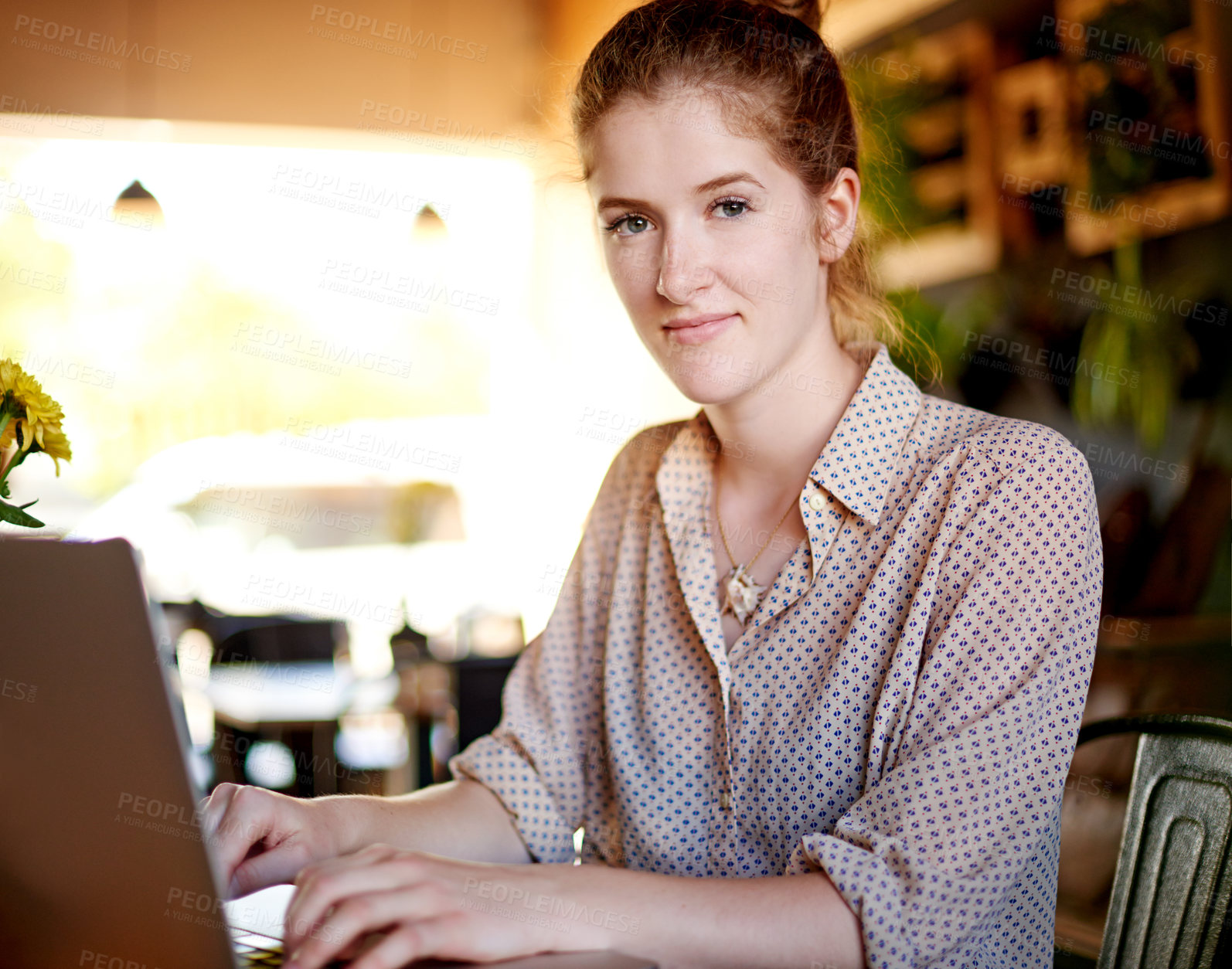 Buy stock photo Laptop, portrait and woman in cafe with remote work, business ideas and social media management. Relax, smile and freelancer girl in coffee shop with content writer, online research or development
