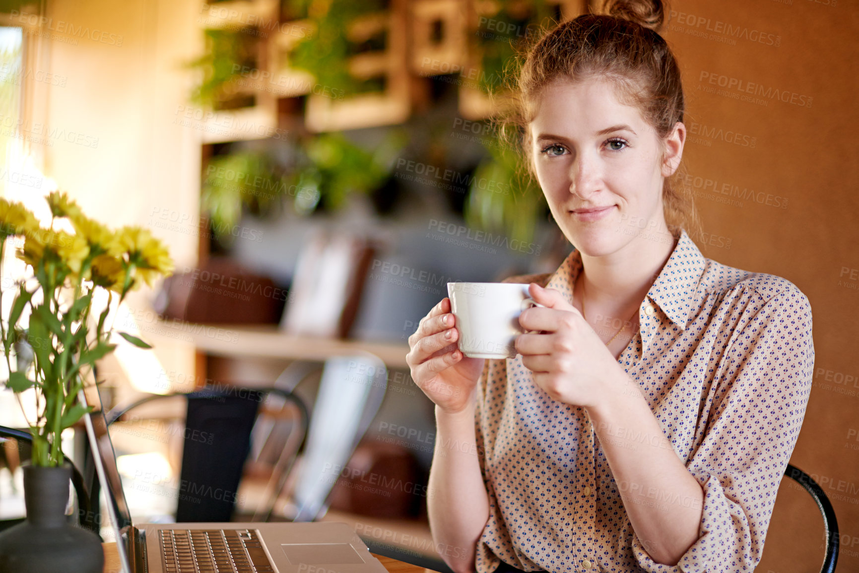 Buy stock photo Laptop, portrait and woman in cafe with drink, remote work and social media management. Planning, web editing and happy freelancer girl in coffee shop with content writer, online research and smile