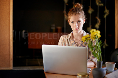 Buy stock photo Laptop, portrait and woman in coffee shop with confidence, remote work and social media management. Planning, editing and freelancer girl in cafe with content writer, online research or copywriting