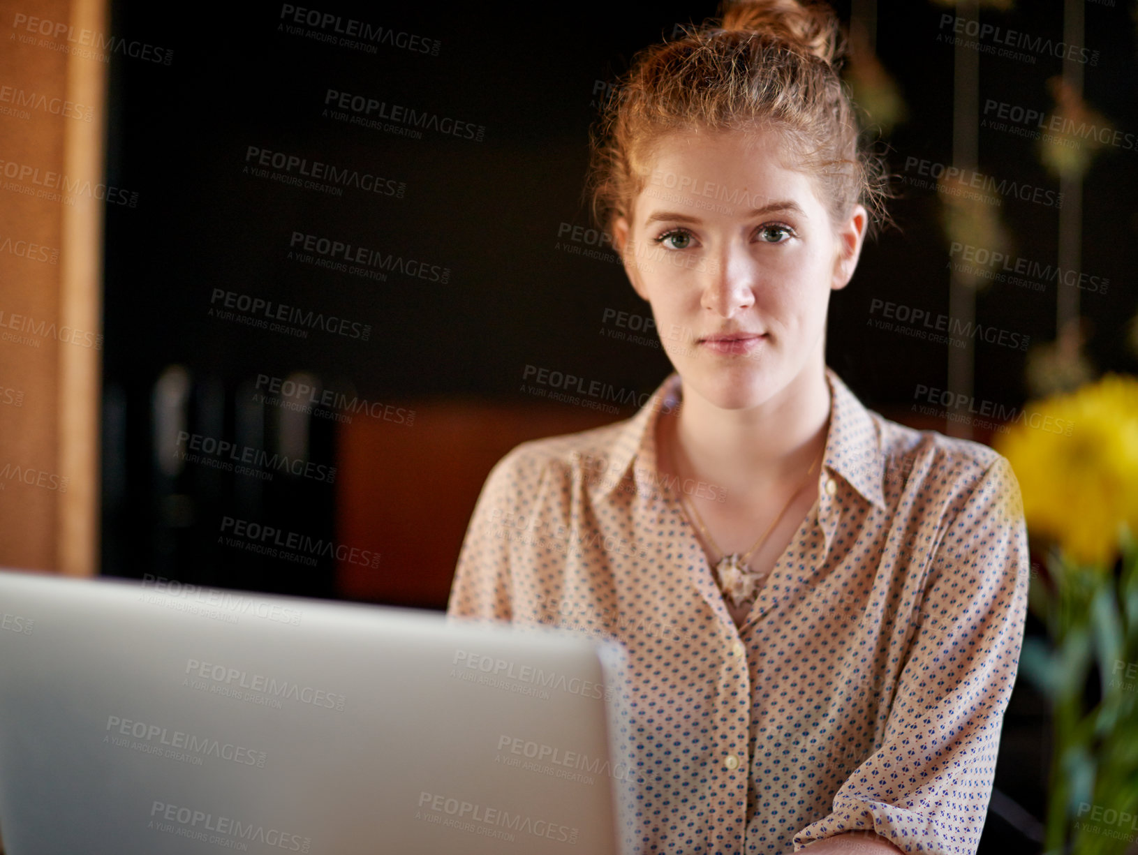 Buy stock photo Laptop, portrait and woman in cafe with confidence, remote work and social media management. Planning, editing and freelancer girl in coffee shop with content writer, online research or copywriting