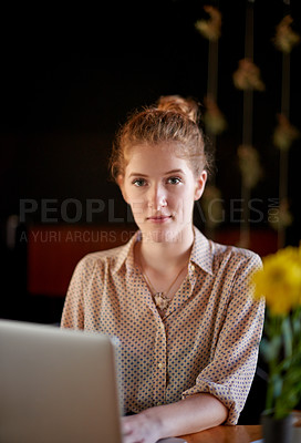 Buy stock photo Laptop, portrait and girl in coffee shop with confidence, remote work and social media management. Planning, editing and freelancer woman in cafe with content writer, online research or copywriting