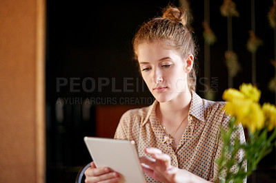 Buy stock photo Tablet, search and woman in cafe with remote work, business ideas and social media management. Scroll, online schedule and freelancer girl in coffee shop with digital app web research or development