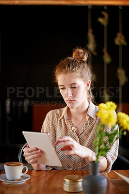 Buy stock photo Tablet, search and woman in coffee shop with remote work, business ideas and social media management. Scroll, online schedule and freelancer girl in cafe with digital app, web research or development