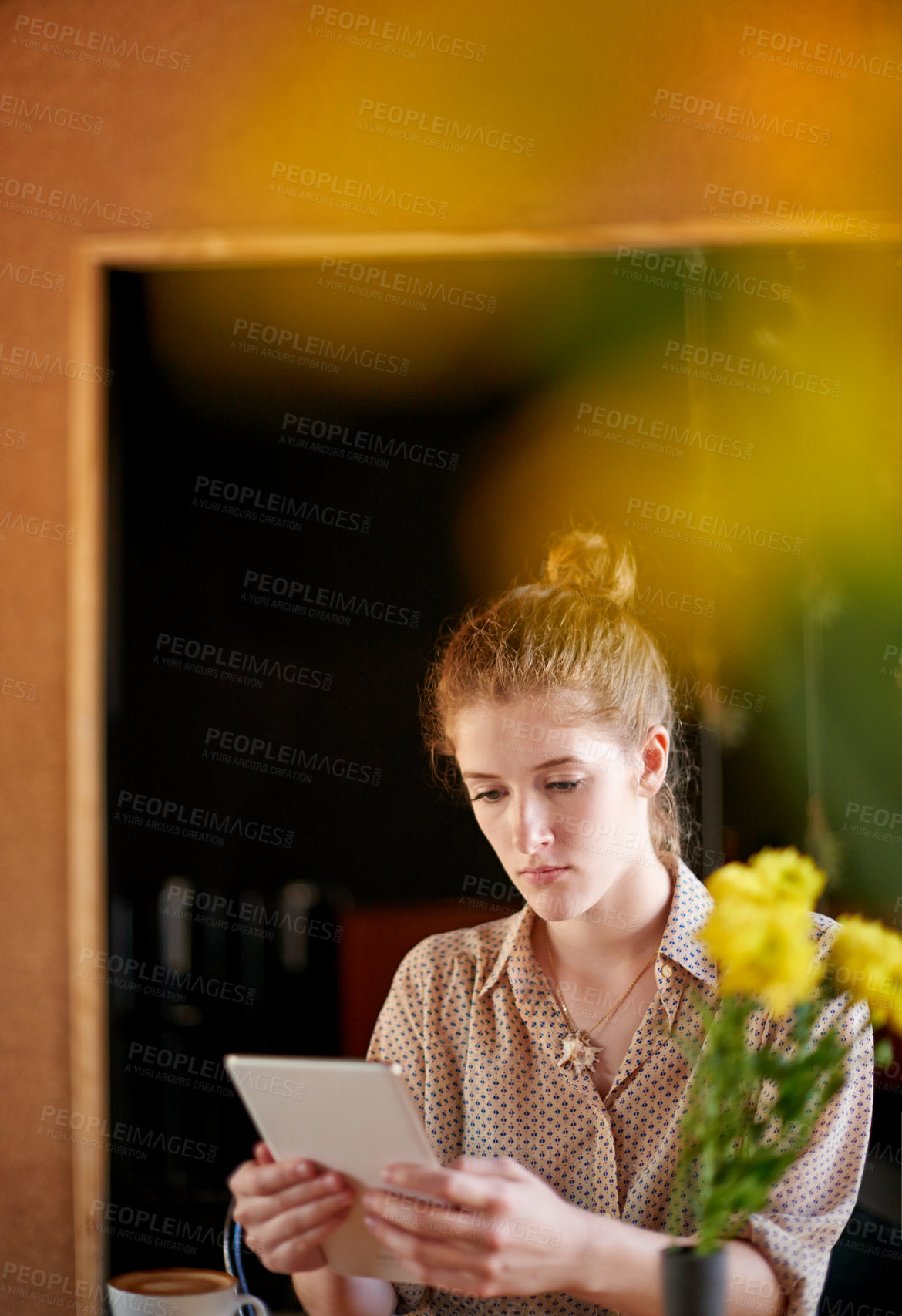 Buy stock photo Tablet, reading and woman in cafe with remote work, business ebook and social media management. Scroll, online schedule and freelancer girl in coffee shop with digital app, research and development