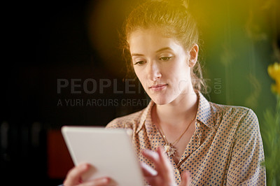 Buy stock photo Planning, research and tablet with woman in coffee shop for remote work as freelance entrepreneur. App, blogging or social media with restaurant customer at internet cafe for small business startup