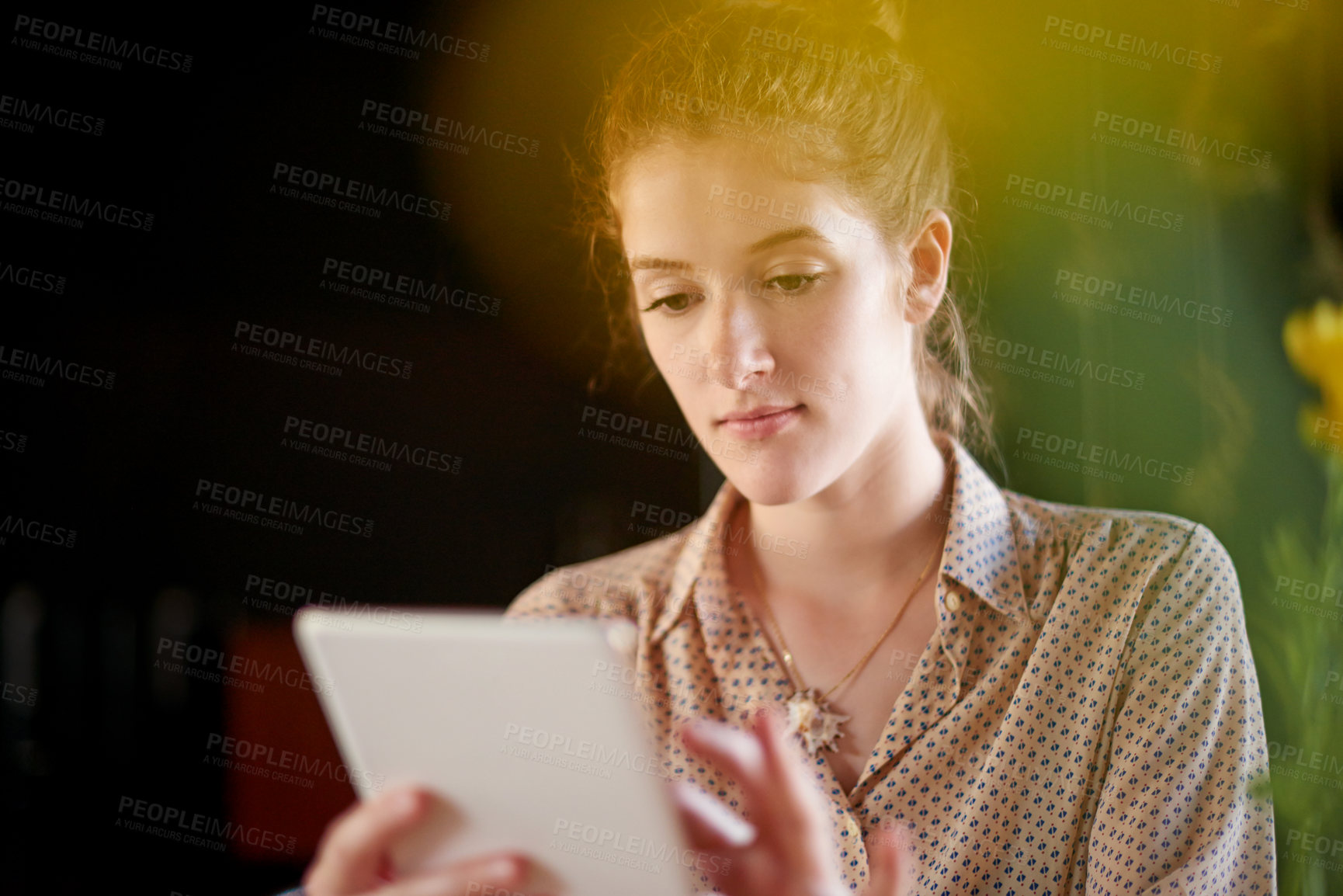 Buy stock photo Planning, research and tablet with woman in coffee shop for remote work as freelance entrepreneur. App, blogging or social media with restaurant customer at internet cafe for small business startup