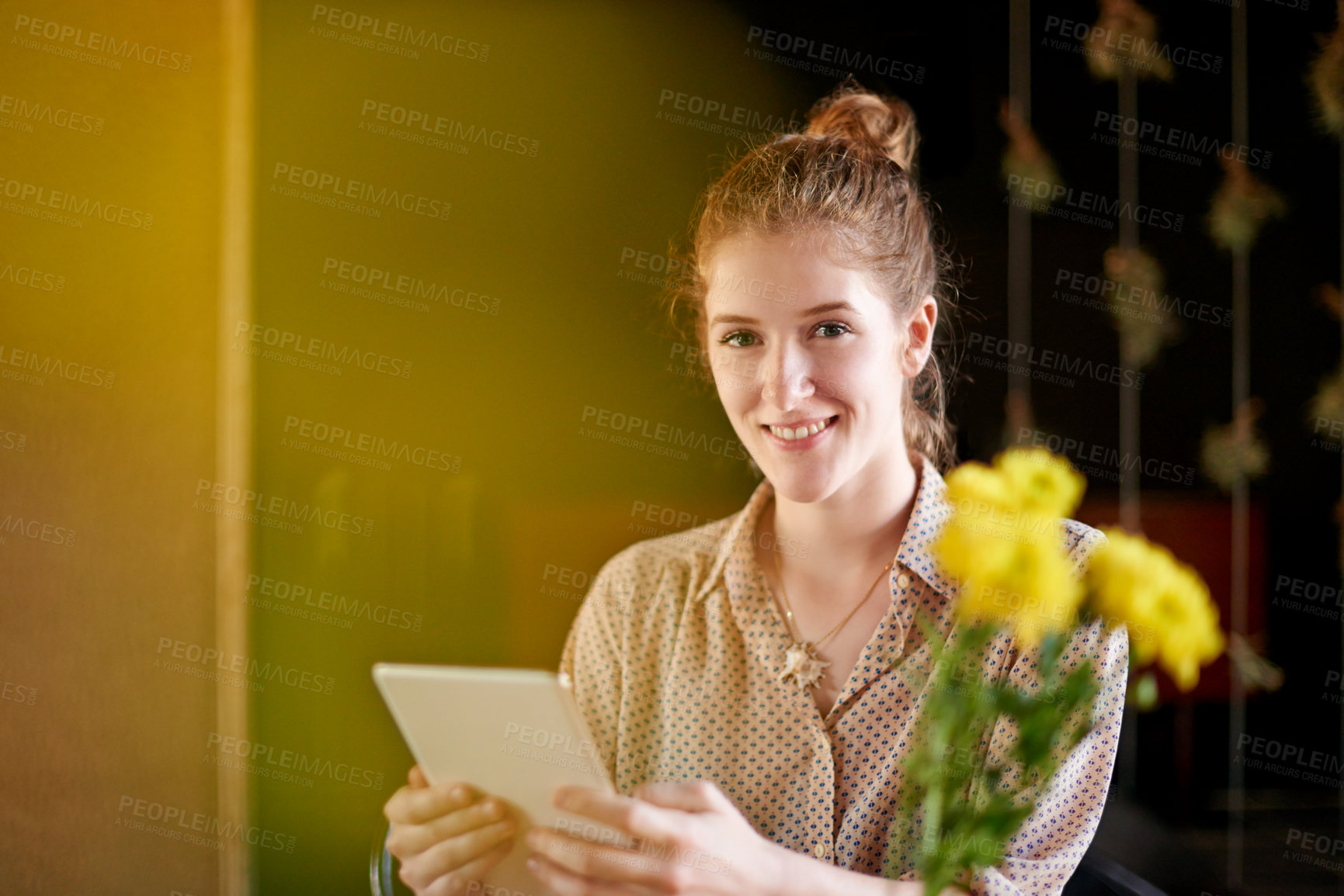 Buy stock photo Tablet, portrait and woman in cafe with remote work, online review and confident businesswoman. Scroll, schedule and happy freelancer girl in coffee shop with digital app, website research and smile