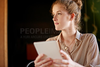 Buy stock photo Planning, remote work and tablet with woman in cafe for blogging article, idea or vision. Future, search and thinking with freelance employee in coffee shop or restaurant for hospitality as customer