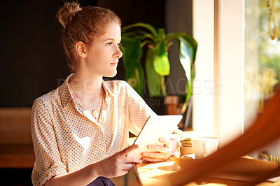 Buy stock photo Coffee shop, thinking and business woman on tablet in cafe for social networking, internet and research. Remote work, restaurant window and person on digital tech for website, connection or freelance