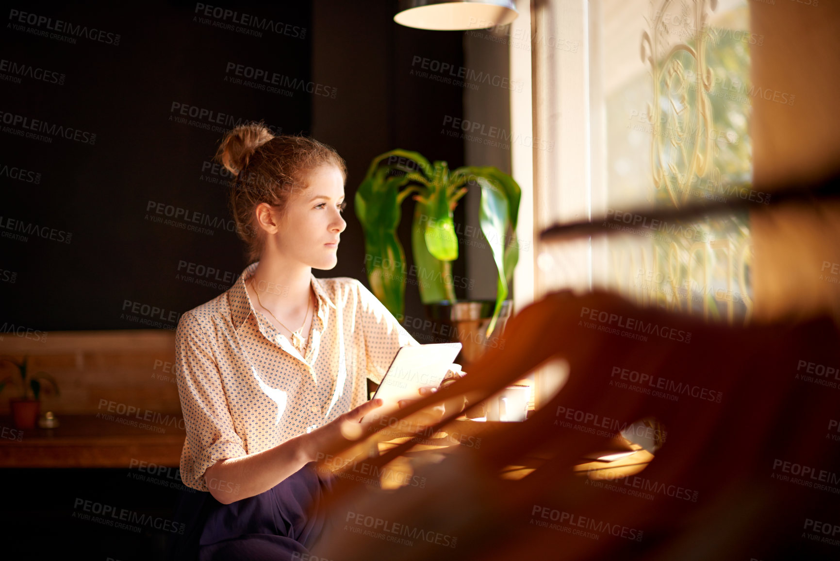 Buy stock photo Remote work, tablet and thinking with woman in coffee shop for future, planning or vision. Blogging, freelance and idea with employee in cafe or restaurant as customer for hospitality or service