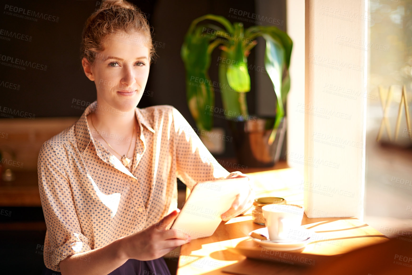 Buy stock photo Coffee shop, portrait and business woman on tablet in cafe for social networking, internet and research. Remote work, diner and person on digital tech for website, email and contact in restaurant