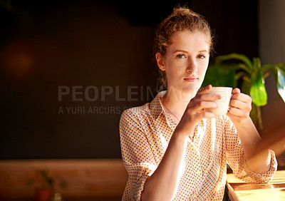 Buy stock photo Coffee, smile and portrait of woman in cafe with mockup space in morning for break with study. Confident, cappuccino and female college student with caffeine drink in restaurant on university campus.