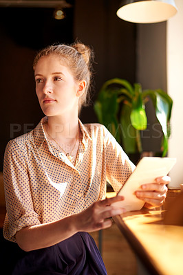 Buy stock photo Coffee shop, thinking and woman on tablet in cafe for social networking, internet and research. Remote work, lunch break and person on digital tech for website, connection and contact in restaurant