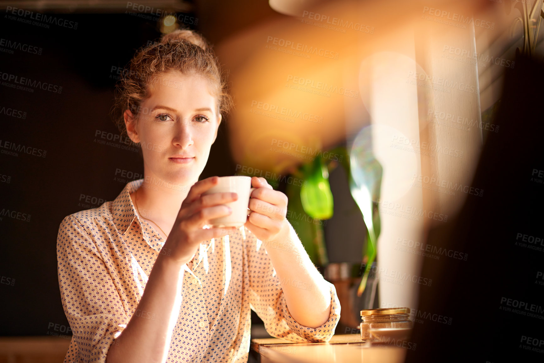 Buy stock photo Coffee, portrait and serious with woman in cafe for hospitality, relax or service as customer. Break, cup and wellness with person drinking caffeine beverage in restaurant for weekend time off