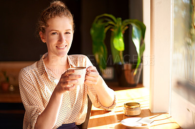 Buy stock photo Coffee, portrait and smile of woman at cafe in morning to drink warm beverage for hospitality. Cup, table and window with happy customer at bistro or restaurant on weekend to relax for wellness