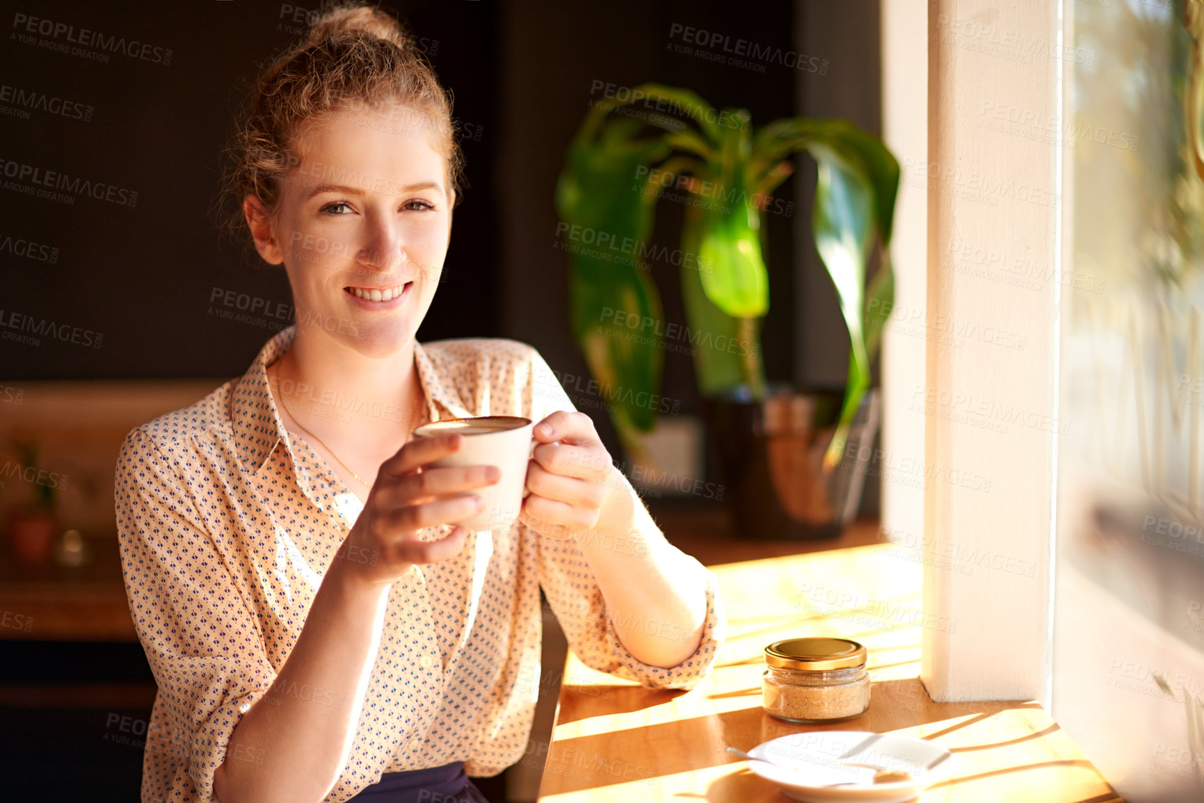 Buy stock photo Coffee, portrait and smile of woman at cafe in morning to drink warm beverage for hospitality. Cup, table and window with happy customer at bistro or restaurant on weekend to relax for wellness