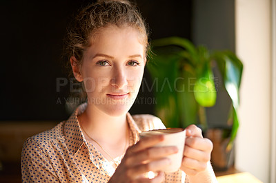 Buy stock photo Portrait, customer and woman in restaurant, coffee and relax with comfort, hospitality and morning. Face, person and client in cafe, friendly service and herbal tea with latte, start day and espresso