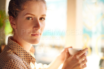 Buy stock photo Portrait, break and woman in cafe, coffee and relax with comfort, espresso and morning caffeine. Face, person and client in restaurant, friendly service and herbal tea with hospitality and start day