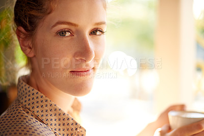 Buy stock photo Coffee shop, portrait and tea with woman customer in cafe for break or drinking fresh beverage. Calm, relax and wellness with person at restaurant on morning of weekend for hospitality or service