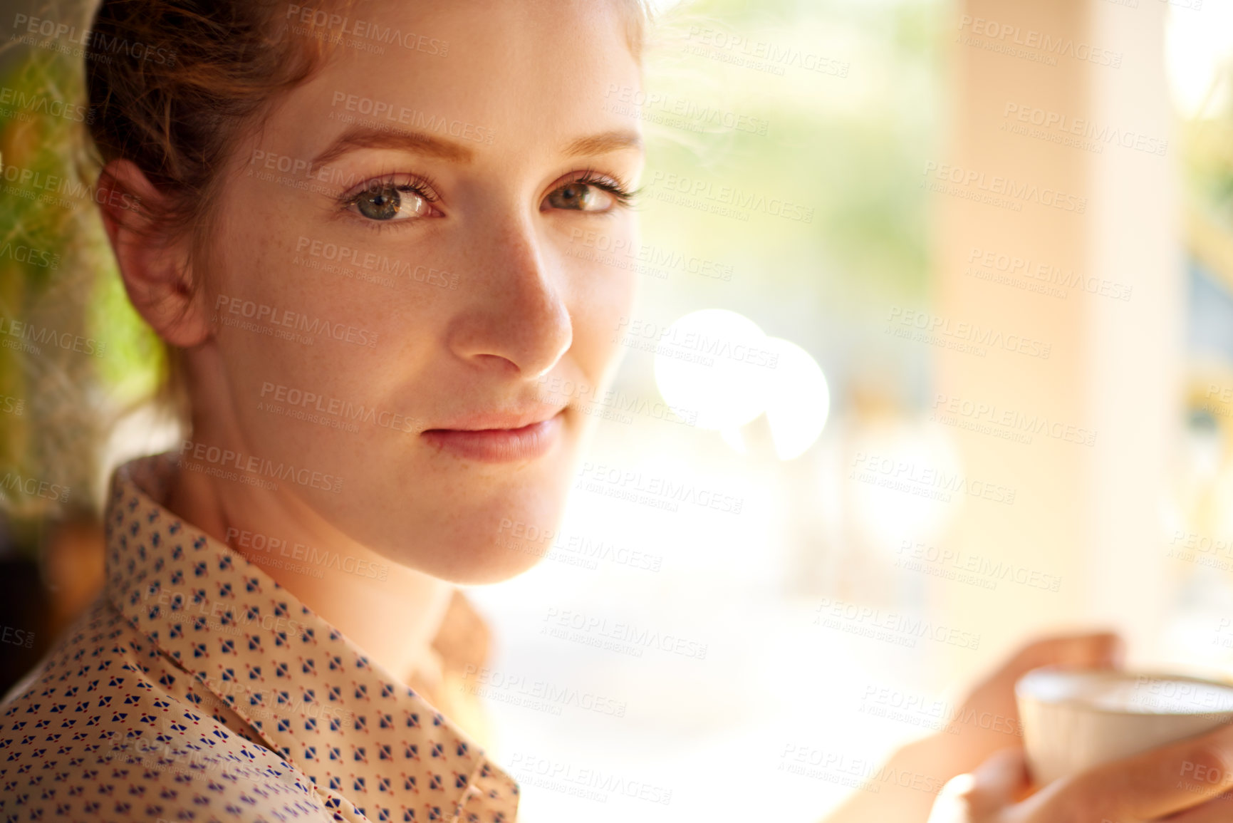 Buy stock photo Coffee shop, portrait and tea with woman customer in cafe for break or drinking fresh beverage. Calm, relax and wellness with person at restaurant on morning of weekend for hospitality or service