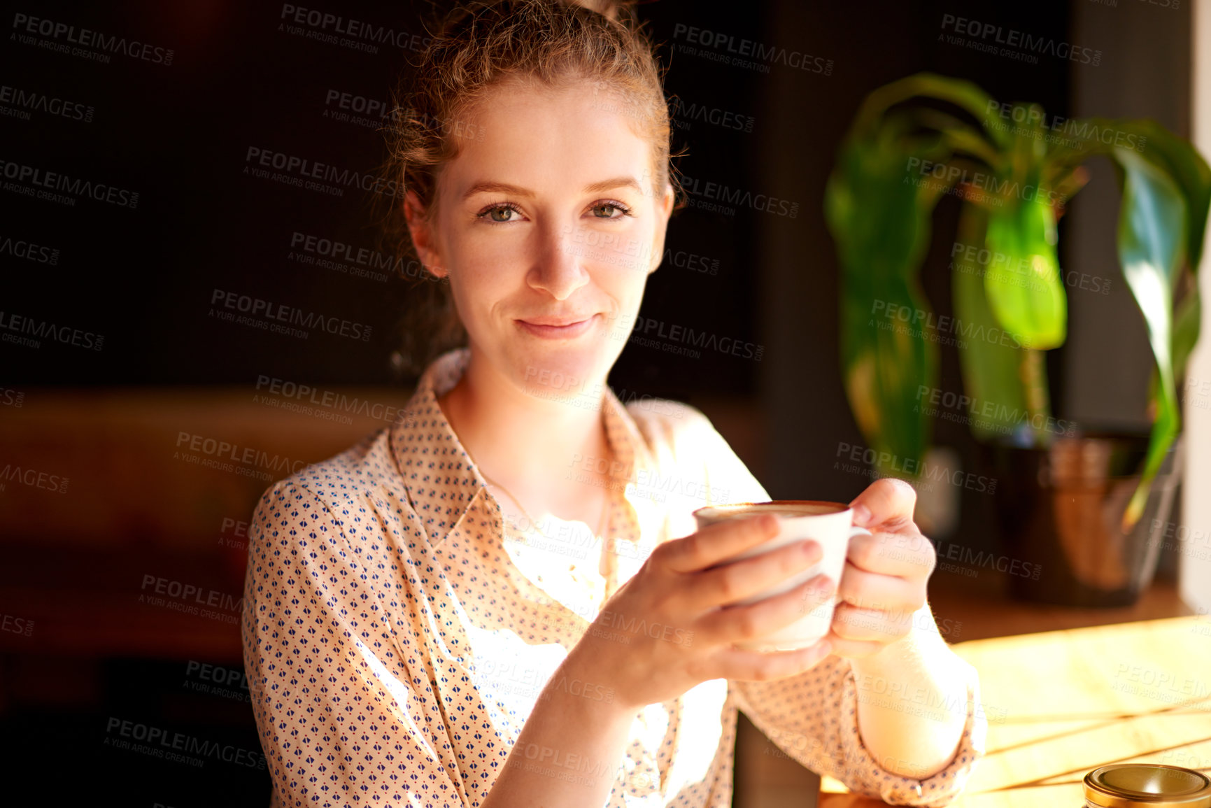 Buy stock photo Portrait, customer and woman in cafe, coffee and relax with comfort, hospitality and break. Face, person and client in restaurant, friendly service and herbal tea with morning, start day and latte
