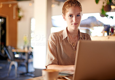 Buy stock photo Laptop, typing and portrait of woman in cafe with remote work, business plan and social media management. Editing, content writer or freelancer girl in coffee shop with online research for website